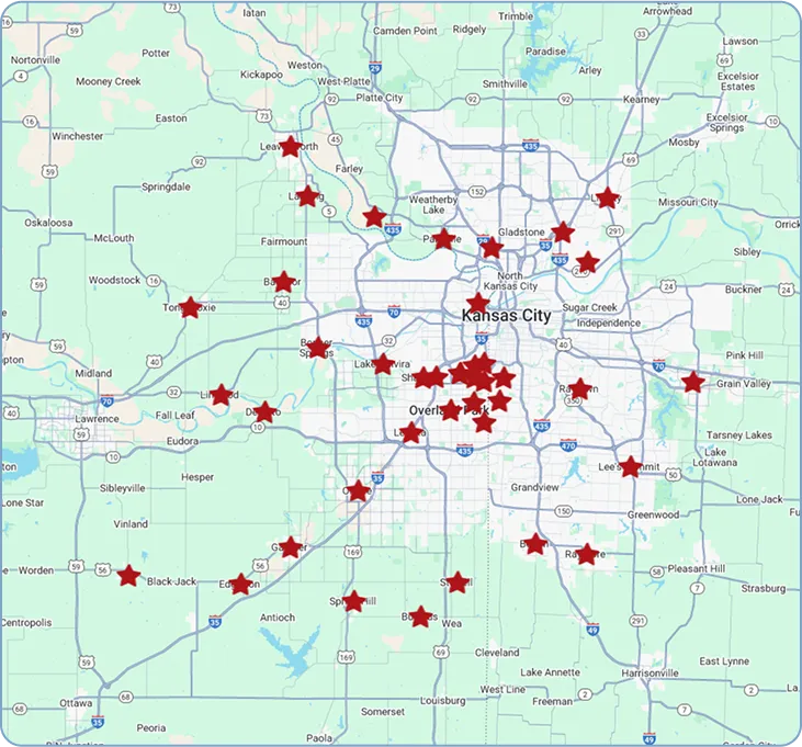 A map of the Kansas City metropolitan area, including parts of Missouri and Kansas, is shown with numerous red star pins. The pins are concentrated around the central Kansas City area, with others scattered throughout the region. Major highways and cities like Overland Park and Independence are visible.