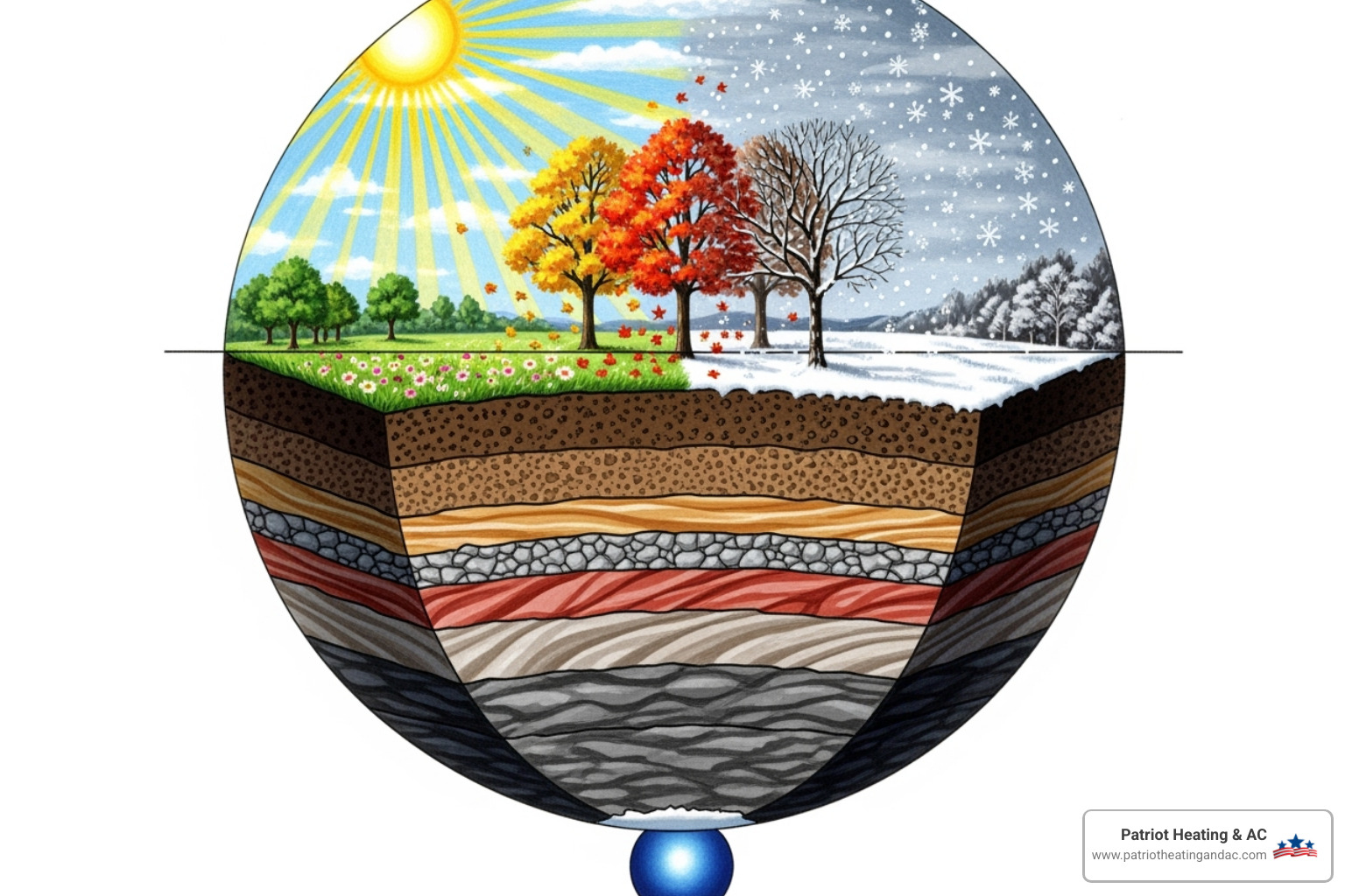 Diagram showing stable underground temperature vs. fluctuating air temperatures throughout the seasons - Geothermal heat pump