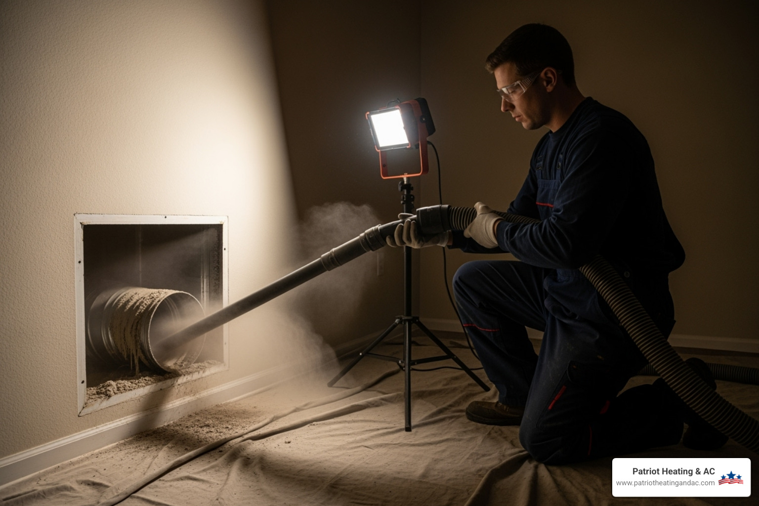 technician using high-powered vacuum hose on duct - Air duct cleaning Kansas