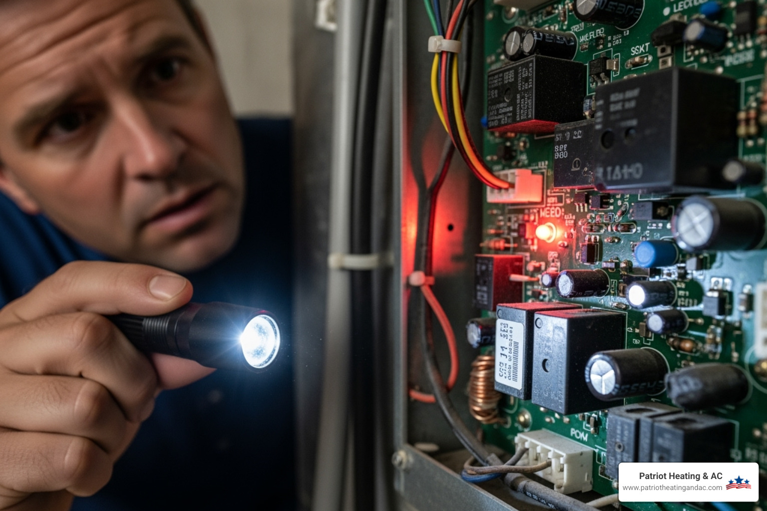 homeowner checking LED diagnostic light on furnace - furnace circuit board repair