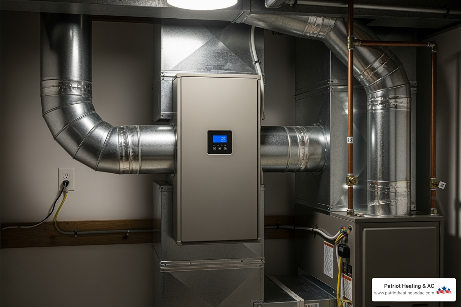 A whole-house air scrubber unit installed in an HVAC system - Air quality Overland Park