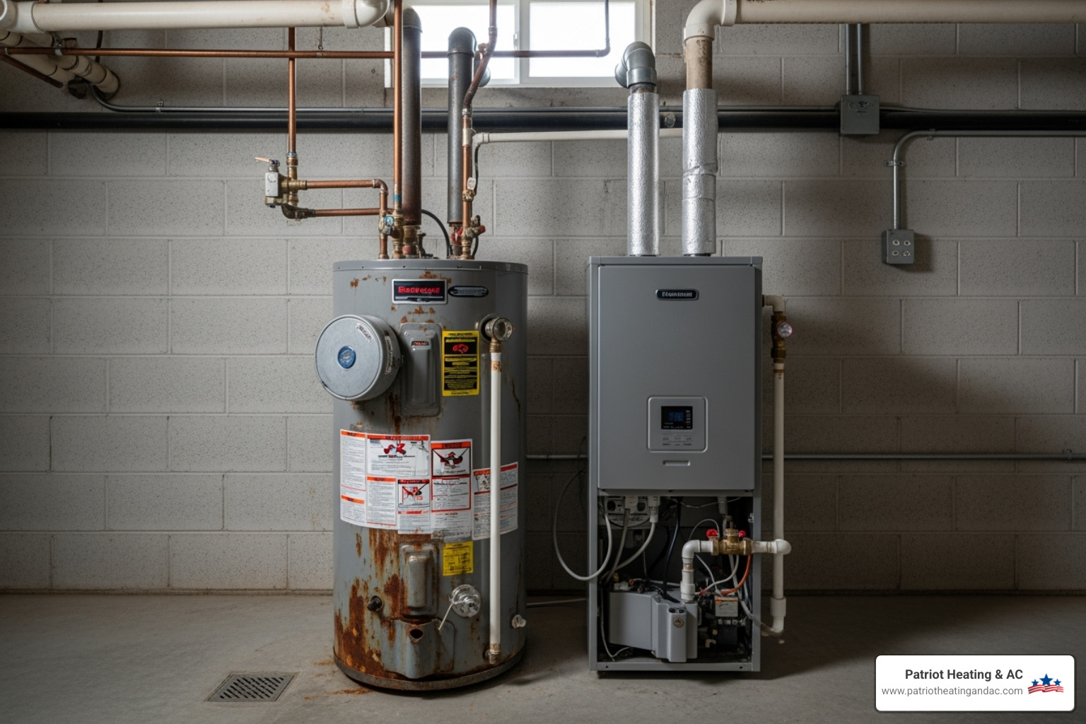 old rusty water heater next to new efficient one - gas water heater repair