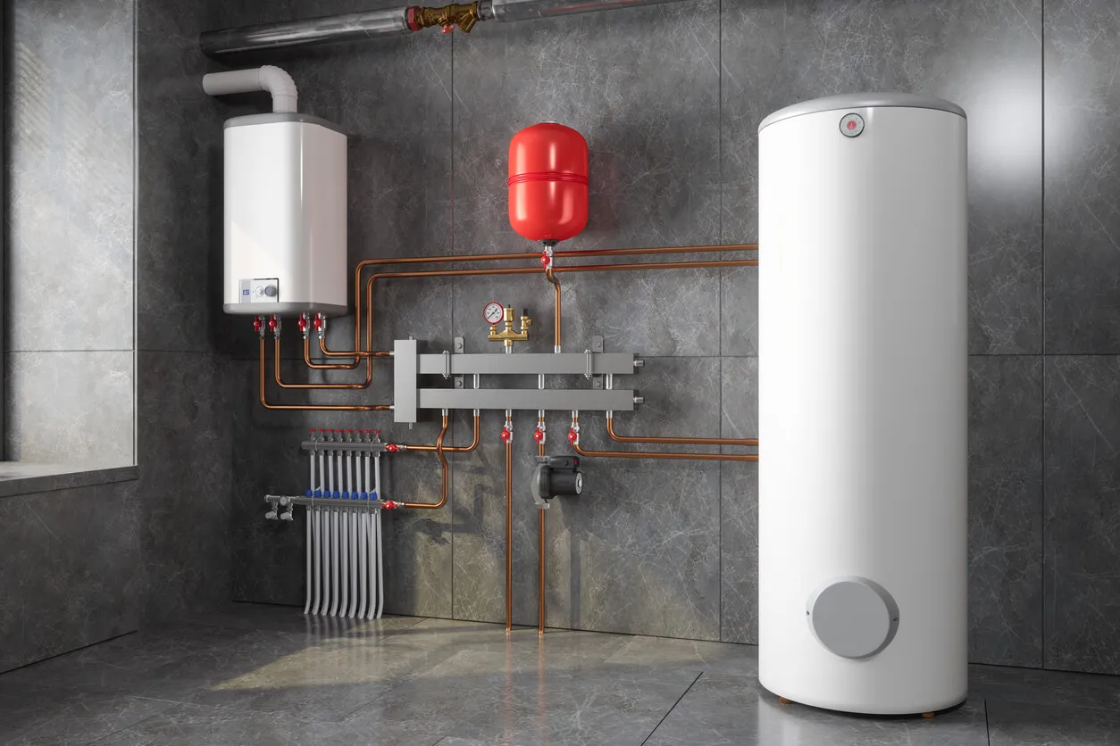 Heating system with boiler, water heater, pipes, and expansion tank