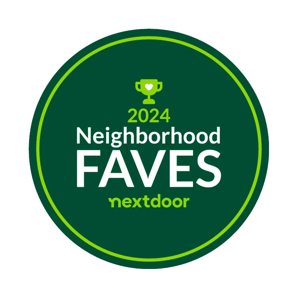 A green circular badge with a lime green border. At the top, there is a small trophy icon. The badge reads 