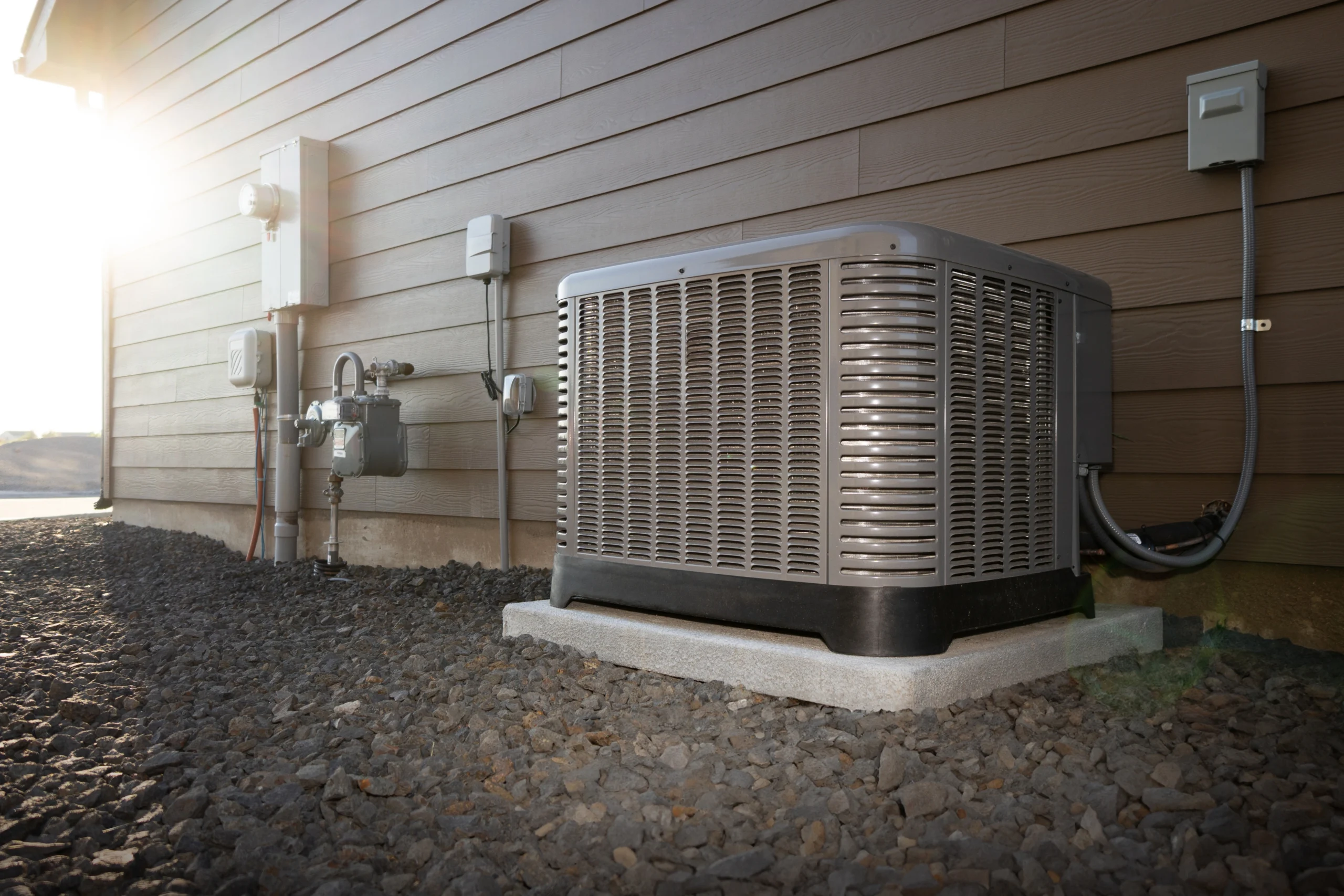A heat pump installed in front of a residential house.