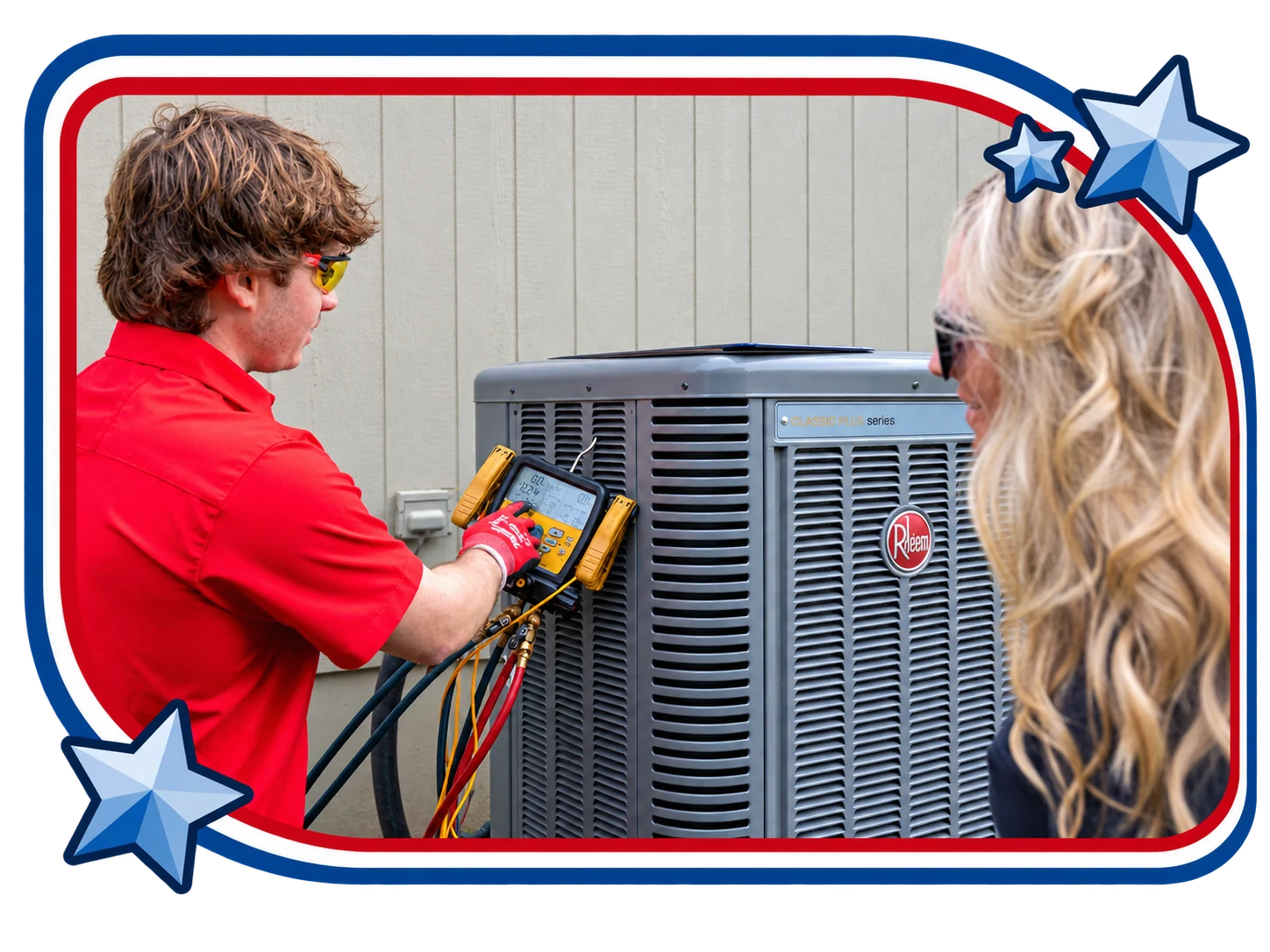 Patriot Heating & AC technician showing gauge readings to a homeowner in Shawnee, KS