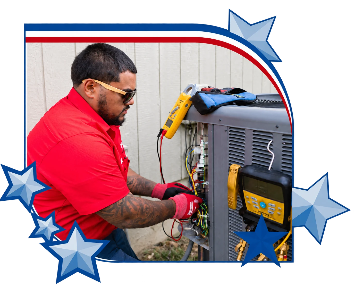 Patriot Heating & AC technician testing an air conditioning unit in Shawnee, KS